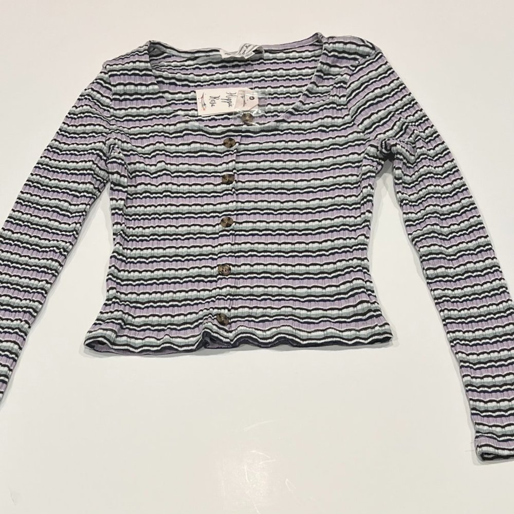 Hippie Rose Woman's Striped Long Sleeve Scoop Neck Button Up Top Size XL NWT